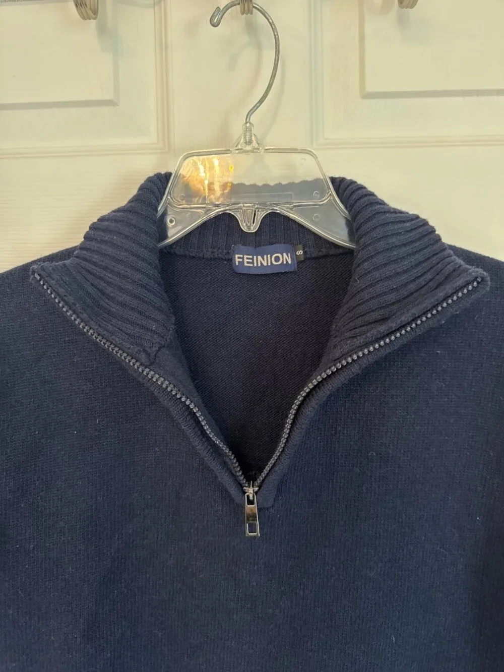 Feinion Navy Blue Wool Blend Long Sleeve Quarter Zip Sweater Men's Small - Picture 3 of 5